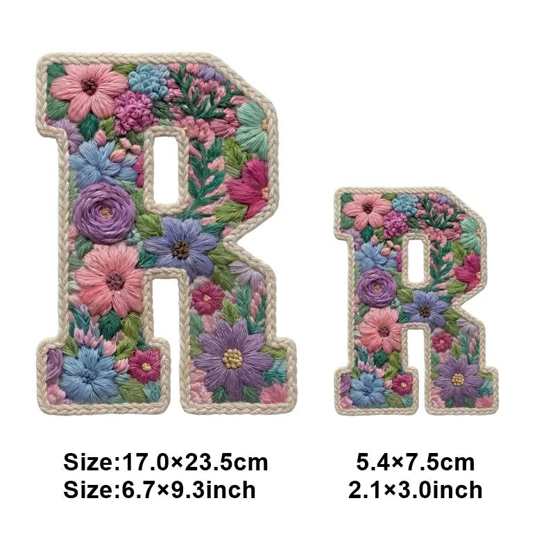 Floral letter R and R iron-on patches for DIY clothing and accessories