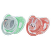 A set of two silicone pacifiers featuring a gray elephant and a pink rabbit face on light green and coral backgrounds.