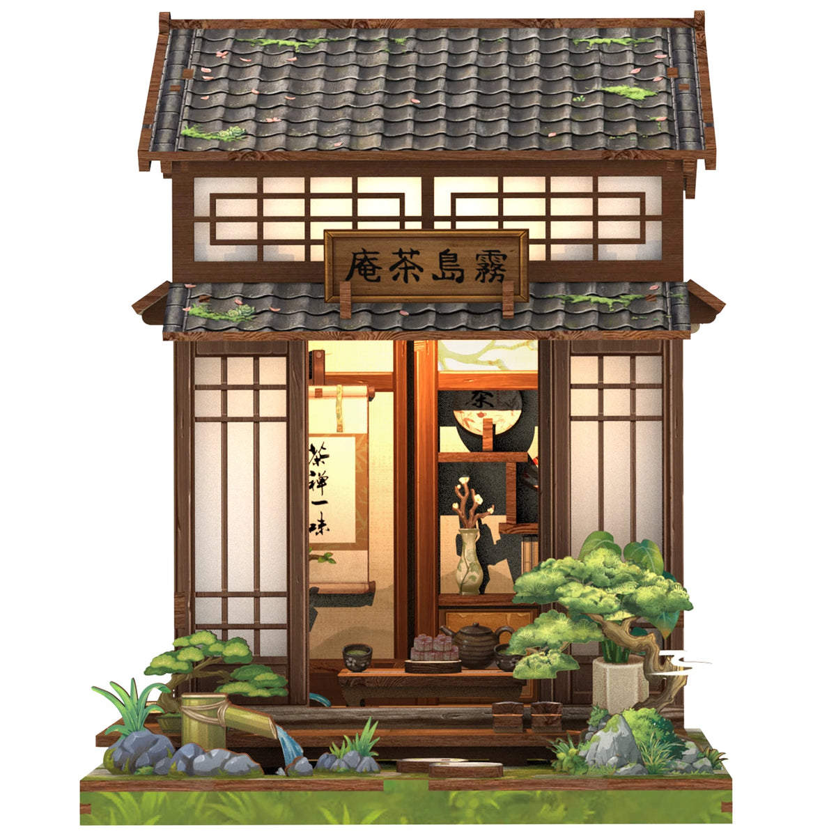 A traditional Japanese wooden book nook kit featuring detailed architecture and interior scenes with LED lighting.