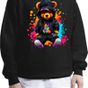 A person wearing a black hoodie features a graphic of a bear with graffiti-style paint and colorful accents.