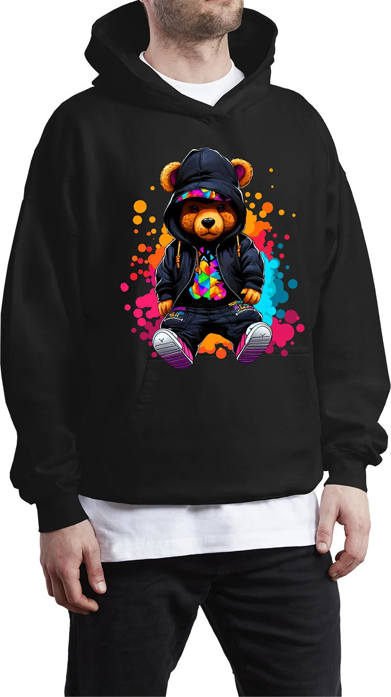A person wearing a black hoodie features a graphic of a bear with graffiti-style paint and colorful accents.