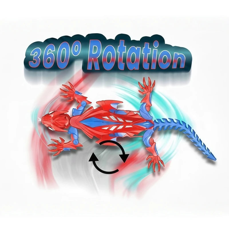 A red and blue gecko wall crawler robot is shown undergoing a 360 degree rotation.