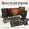 Boxed game components including rules, cards, and components for the Whale Island Survivor survival card game