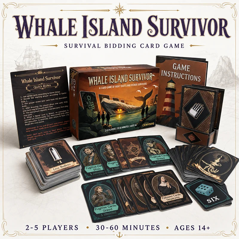 Boxed game components including rules, cards, and components for the Whale Island Survivor survival card game
