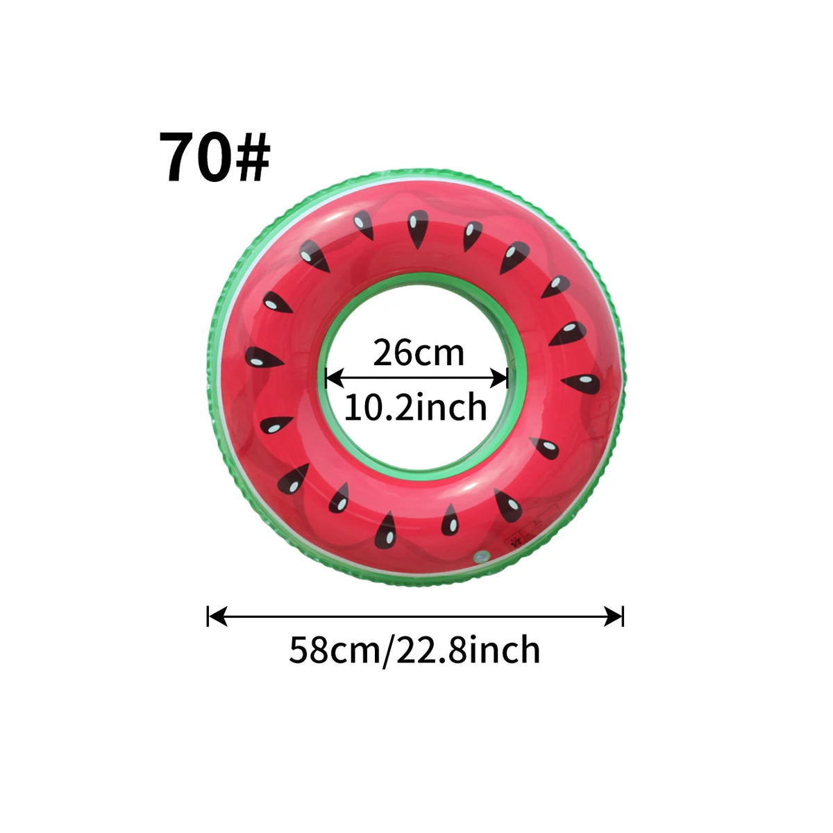 A red inflatable pool float ring shaped like a watermelon slice, measuring 26cm (10.2inch) in diameter.