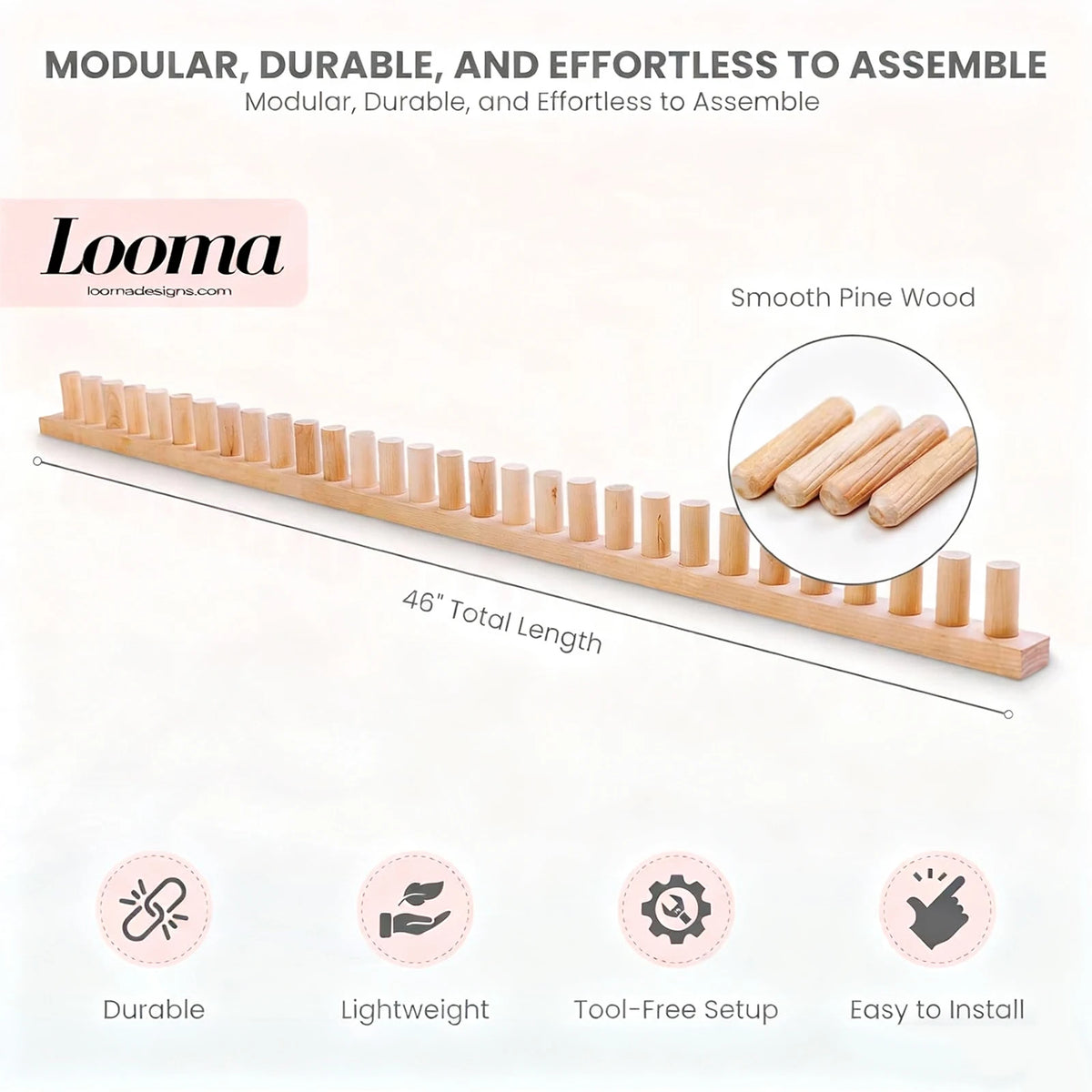 A wooden knitting loom with 46 inches total length showing individual wooden spindles for crafting.