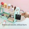 A wooden ice cream counter play set with various colorful ice cream cones and accessories.
