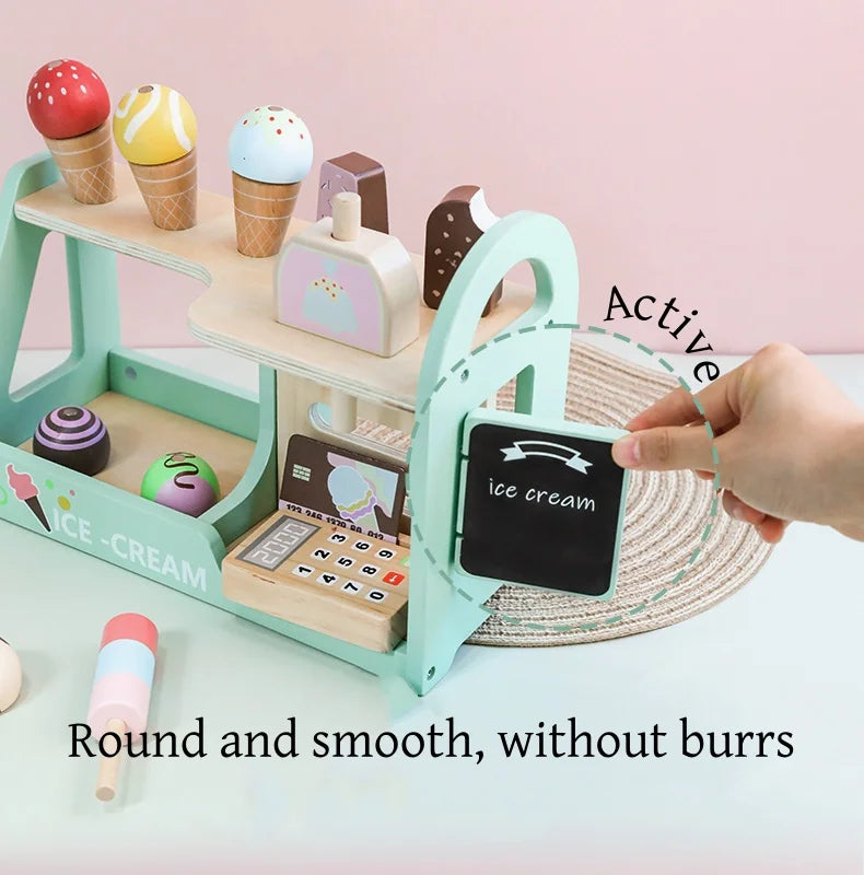 A wooden ice cream counter play set with various colorful ice cream cones and accessories.