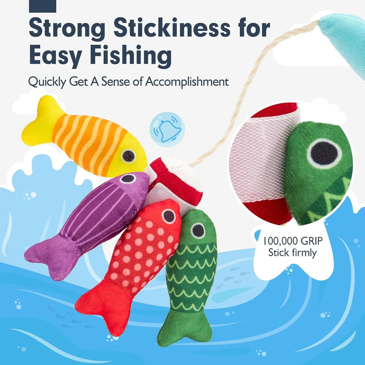 A set of colorful cloth fish in various colors and shapes, designed for a fishing game.