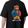 A person wearing a black t-shirt featuring a graphic of a bear in a blue jacket and yellow pants.