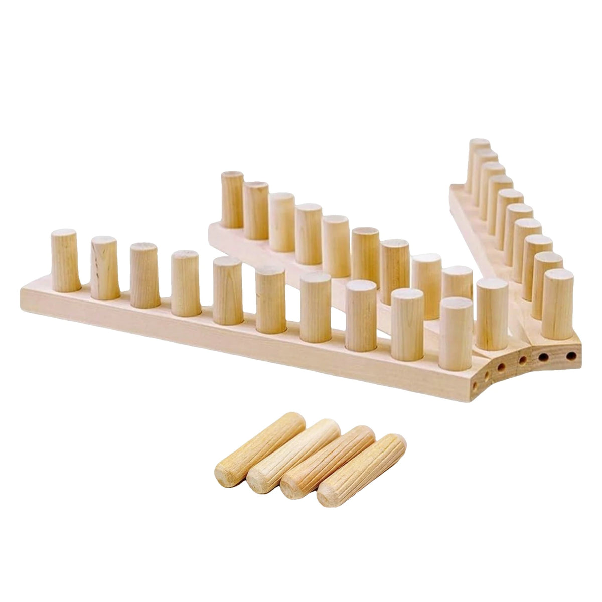 A wooden knitting loom with multiple rows of cylindrical wooden pieces for making chunky blankets.