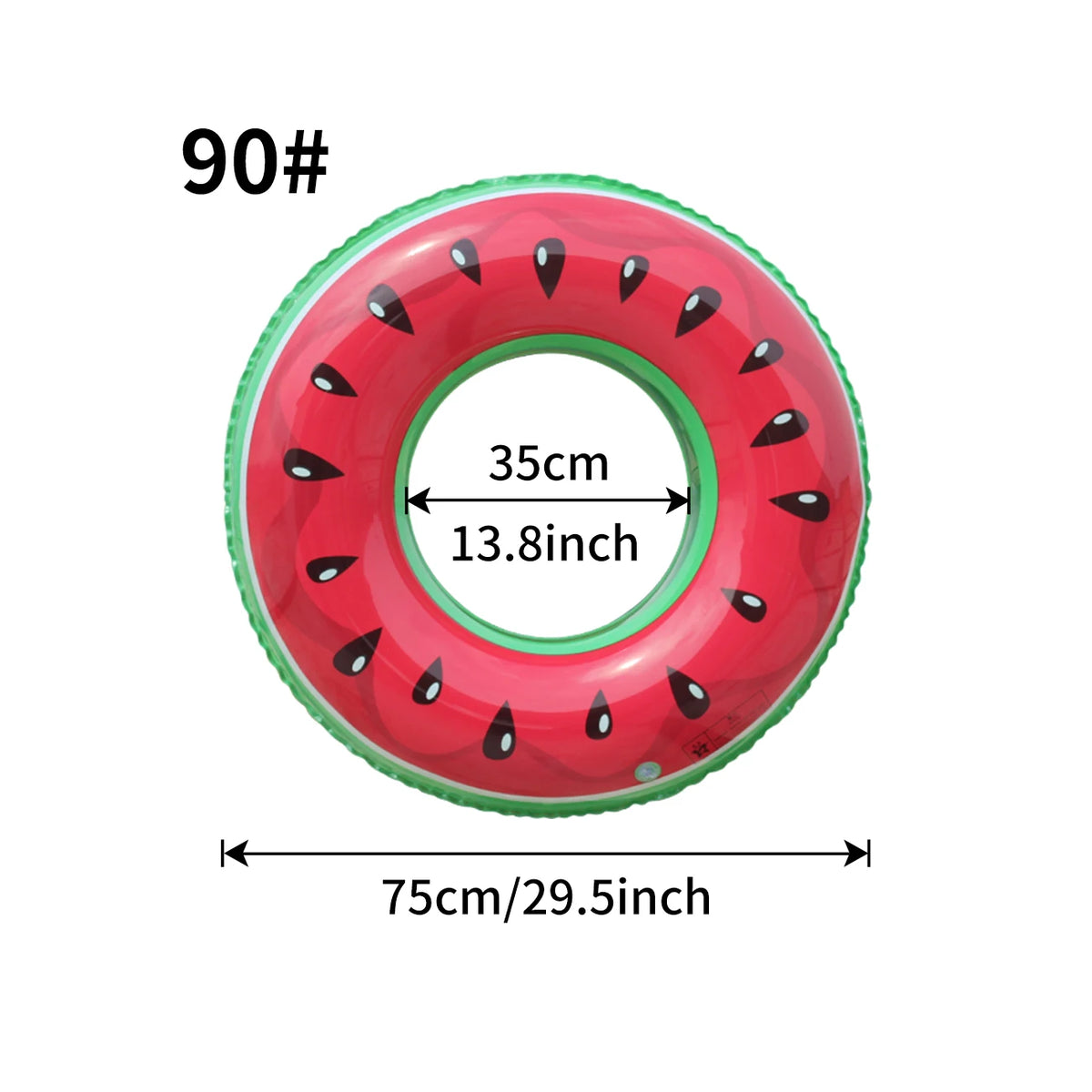 A red inflatable pool float ring with black fruit designs, measuring 35cm or 13.8 inches in diameter.