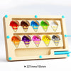 A wooden magnetic color sorting maze board with ten colored cones for toddlers