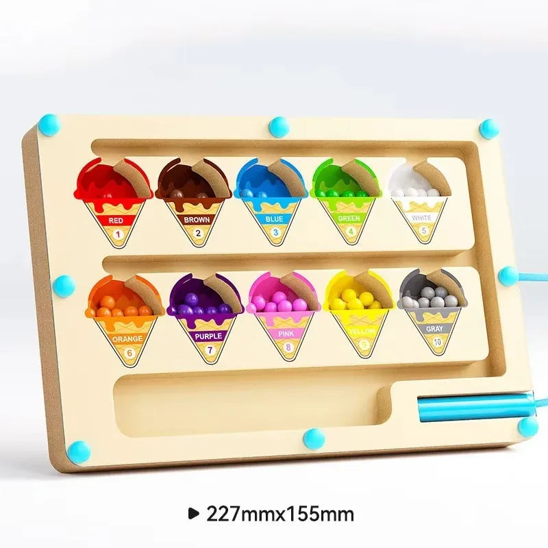 A wooden magnetic color sorting maze board with ten colored cones for toddlers