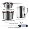 A complete candle making kit featuring a wax melting pot, measuring cup, mixing spoon, and an electronic thermometer.