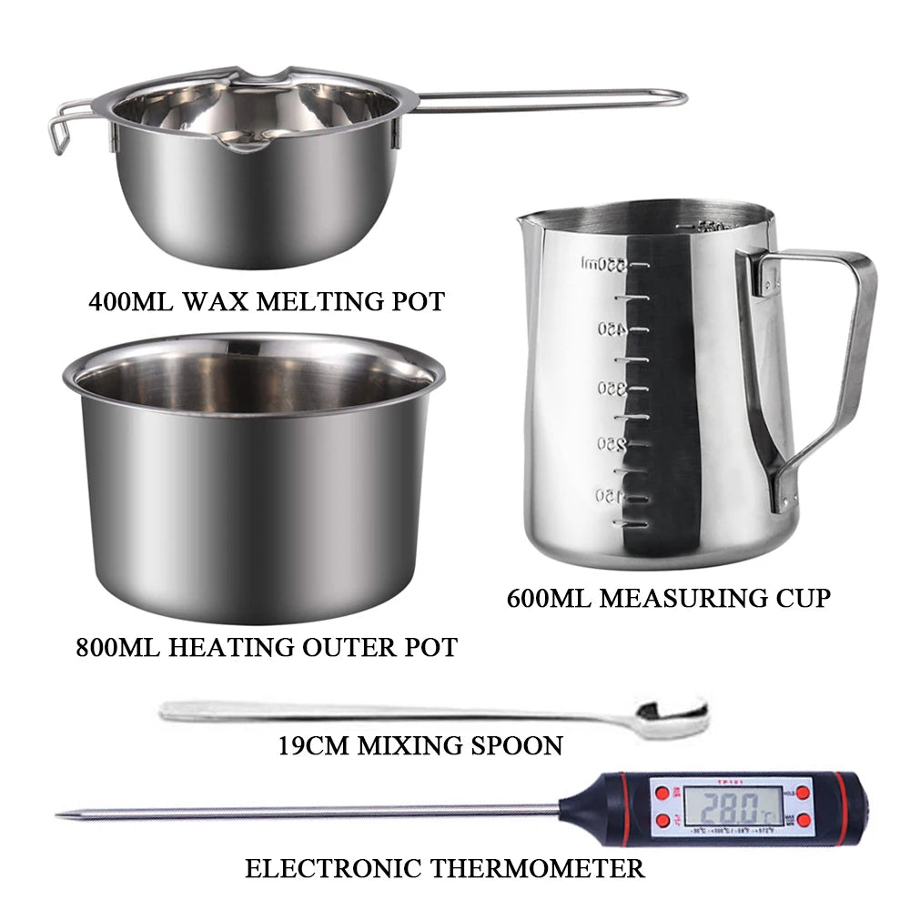 A complete candle making kit featuring a wax melting pot, measuring cup, mixing spoon, and an electronic thermometer.