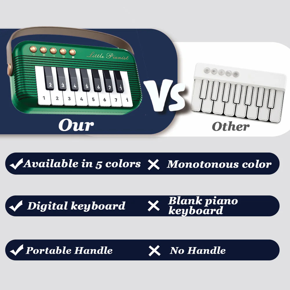 Comparison showing a green mini piano keyboard with a portable handle versus a white piano keyboard without a handle.