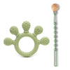 A silicone baby teether with chew beads and a wooden handle, colored light green.