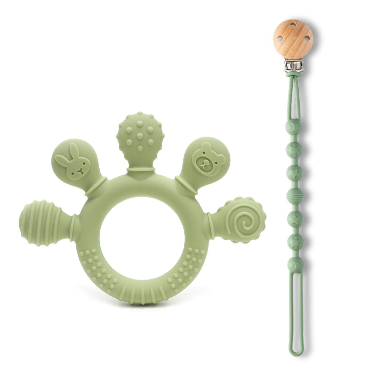 A silicone baby teether with chew beads and a wooden handle, colored light green.