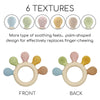 Front and back views of a silicone baby teether with six different textures for soothing finger-chewing relief