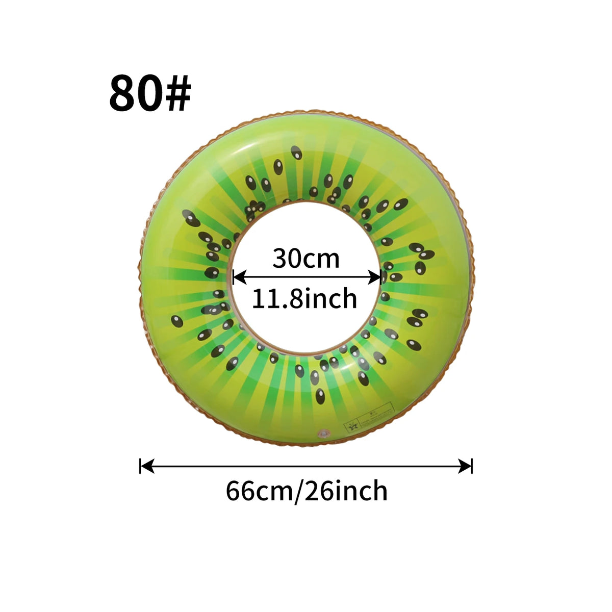 A green inflatable pool float ring shaped like a slice of kiwi, labeled 80#.