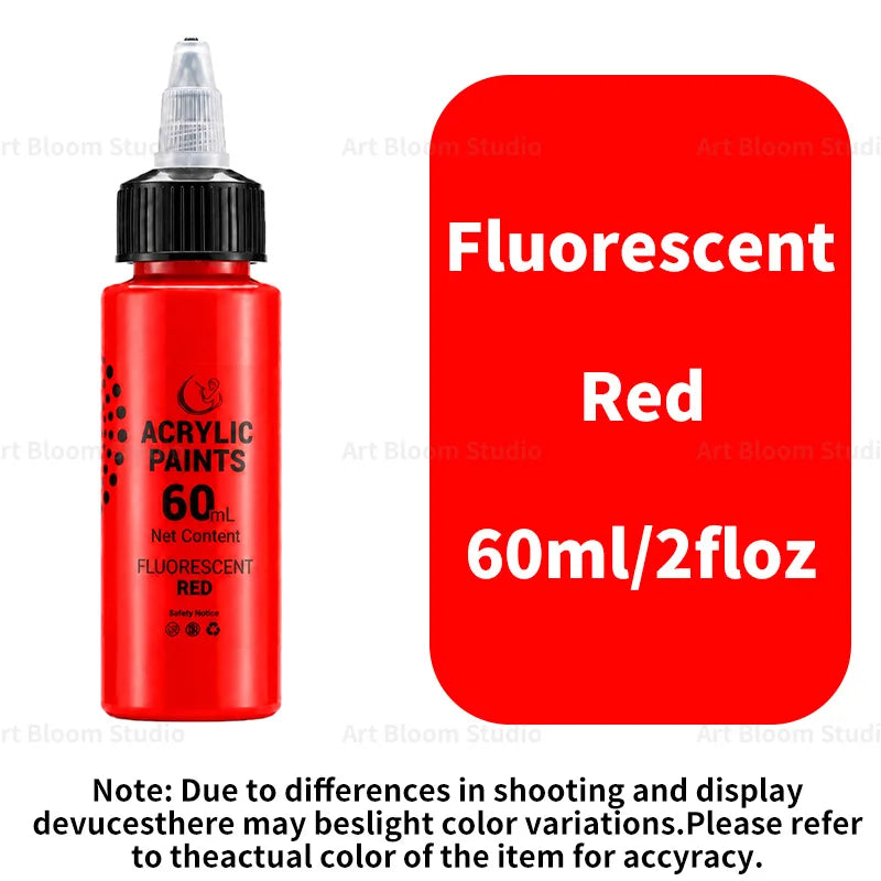 A red bottle of fluorescent acrylic paint labeled 60ml and 2 fl oz is shown.