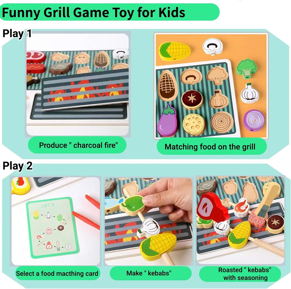 A wooden BBQ playset game showing how to produce charcoal fire and make kebabs with seasoning.