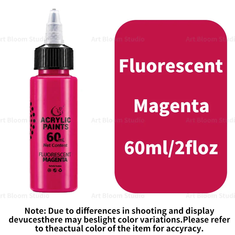 A bottle of fluorescent magenta acrylic paint, 60ml, with a label indicating Fluorescent Magenta color.