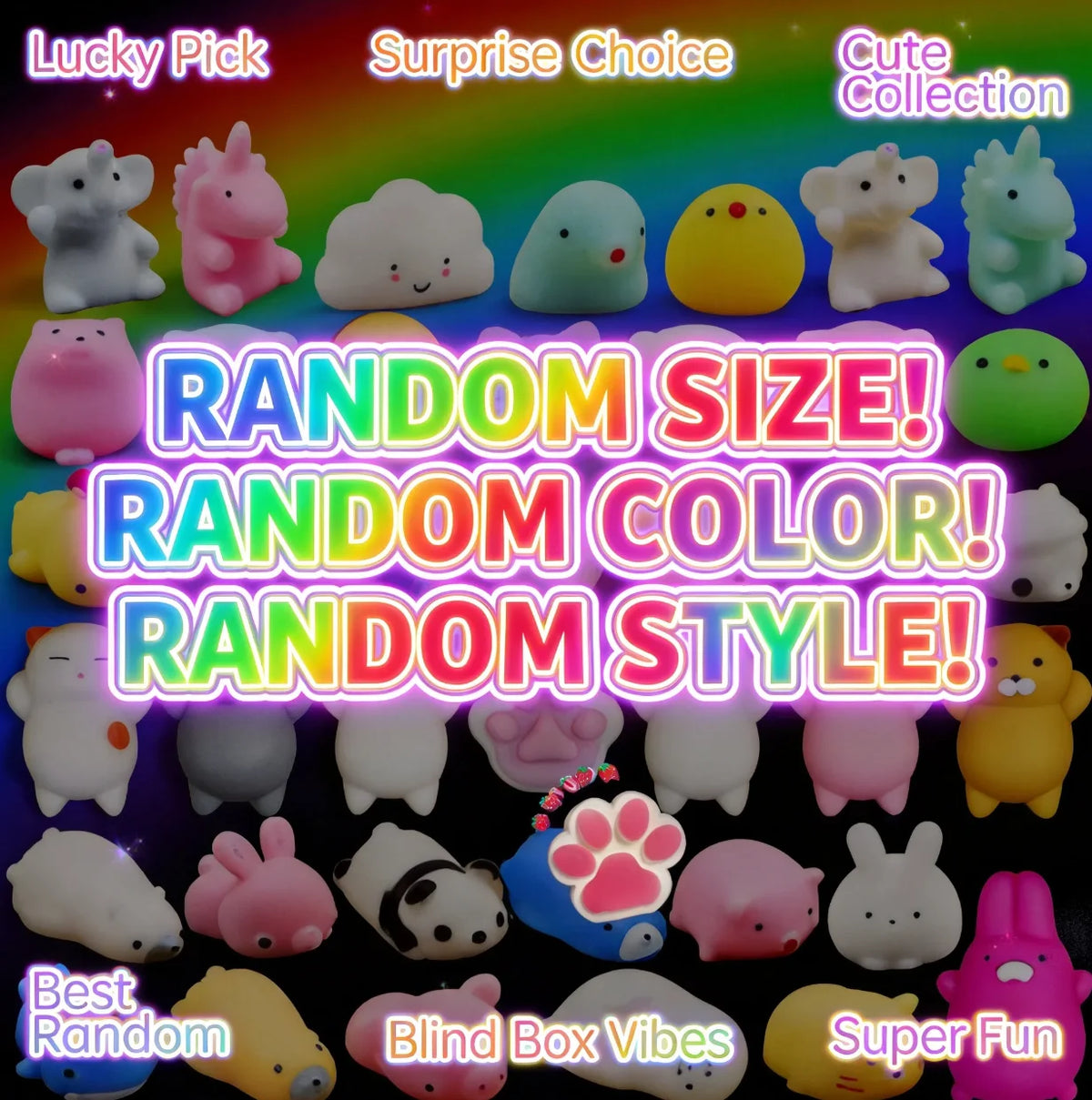 A collection of various squishy fidget toys in different sizes, colors, and styles.