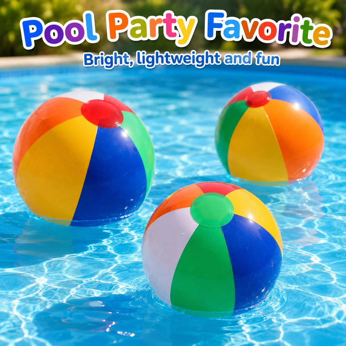 A bright, lightweight, and fun rainbow inflatable beach ball floating in blue water.