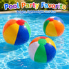 A bright, lightweight, and fun rainbow inflatable beach ball floating in blue water.