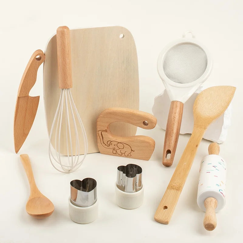 Wooden Kids Safe Knife Set with Baking Tools for Little Chefs