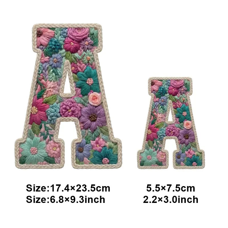 Iron-on patches shaped like the letter A featuring a colorful floral design