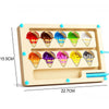 A wooden magnetic color sorting maze board with ten colored cups for toddlers.