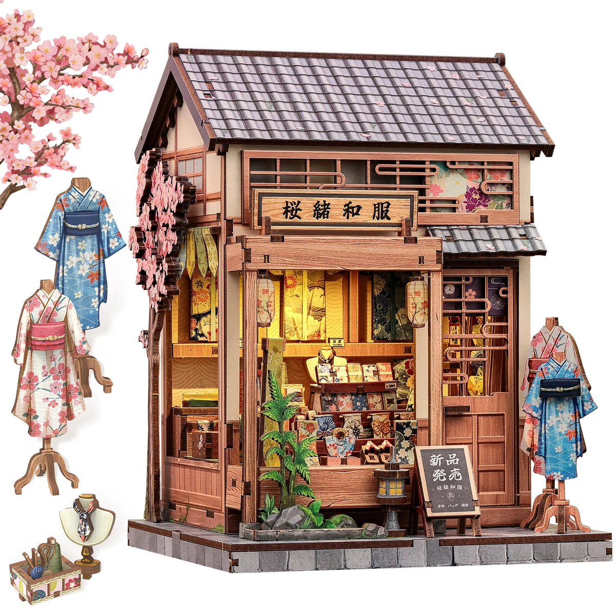 A detailed 3D wooden book nook kit featuring a traditional Japanese-style shop facade with intricate details and LED lighting