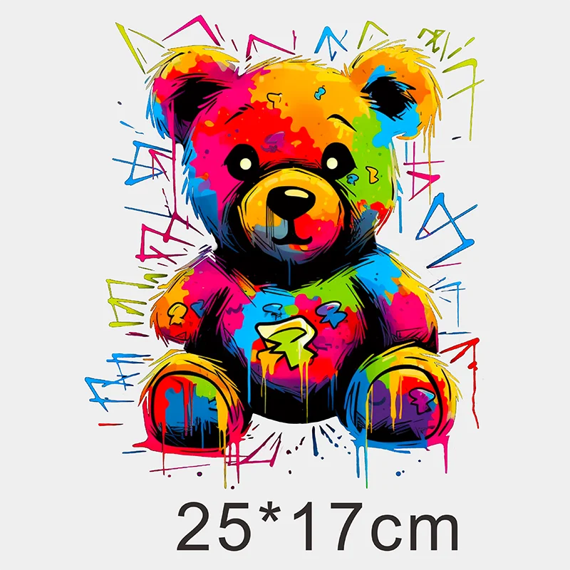 A colorful, graffiti-style bear illustration featuring bright paint splatters and vibrant colors.
