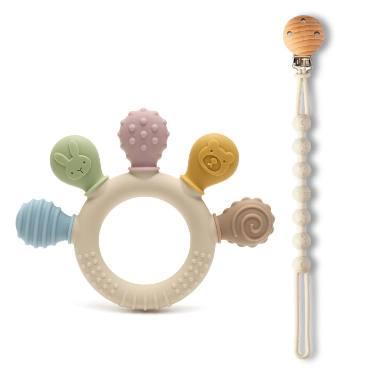 A silicone baby teether with chew beads in pastel colors, including green, pink, and yellow.
