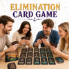 Five people smiling while playing the Elimination Card Game featuring Whale Island Survivor cards.