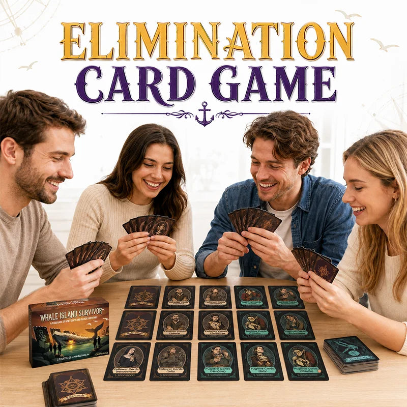 Five people smiling while playing the Elimination Card Game featuring Whale Island Survivor cards.