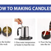 Five steps showing how to make candles using a kit with a melting pot, thermometer, and measuring cup.