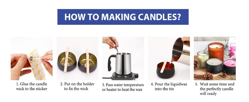 Five steps showing how to make candles using a kit with a melting pot, thermometer, and measuring cup.