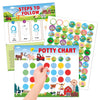 A colorful potty chart with various reward stickers and steps for potty training.