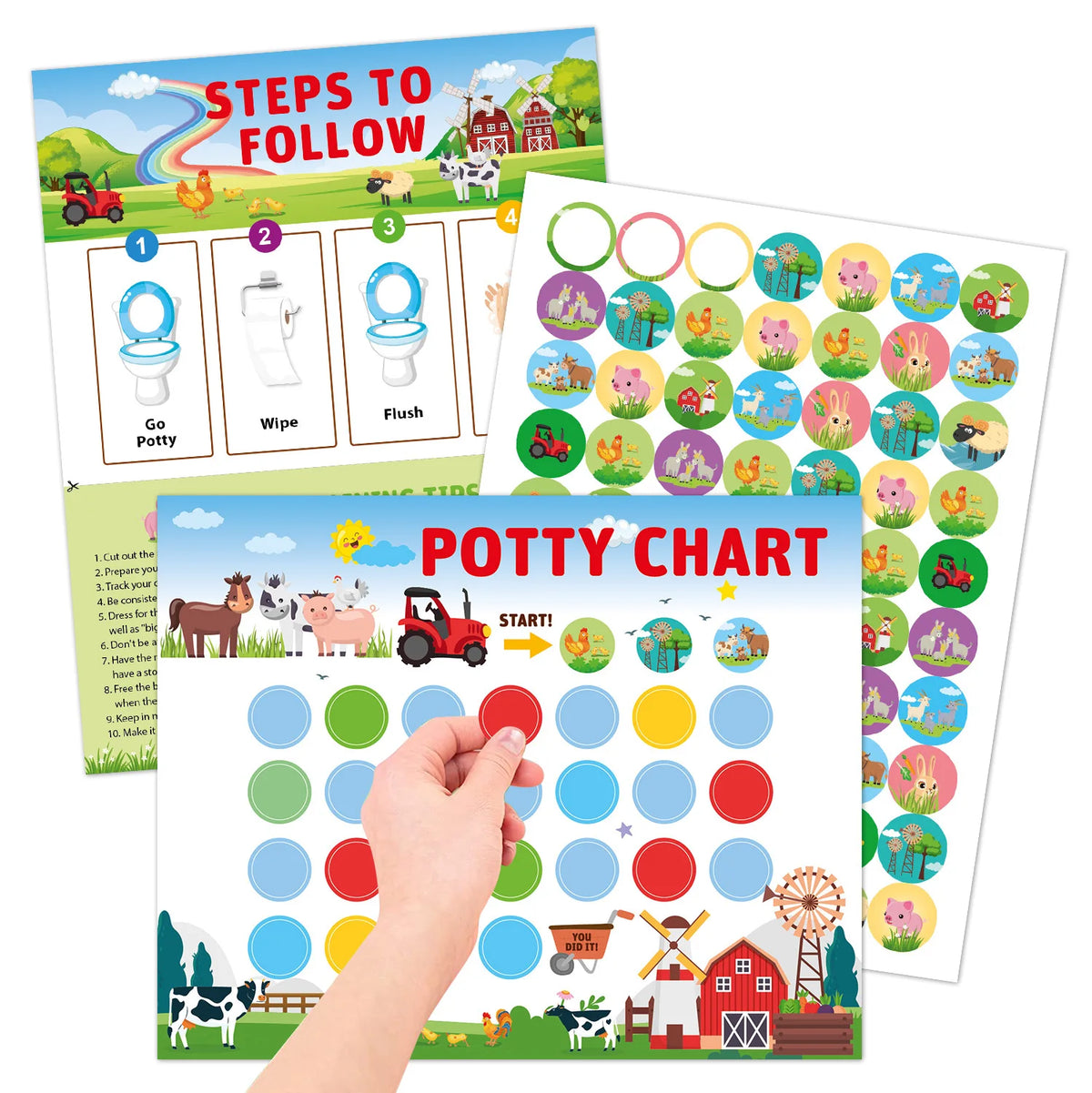 A colorful potty chart with various reward stickers and steps for potty training.