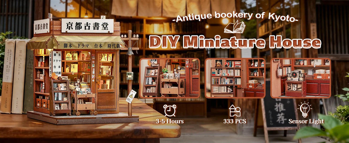 DIY Miniature House kit featuring a wooden bookstore display with LED lighting and various miniature books