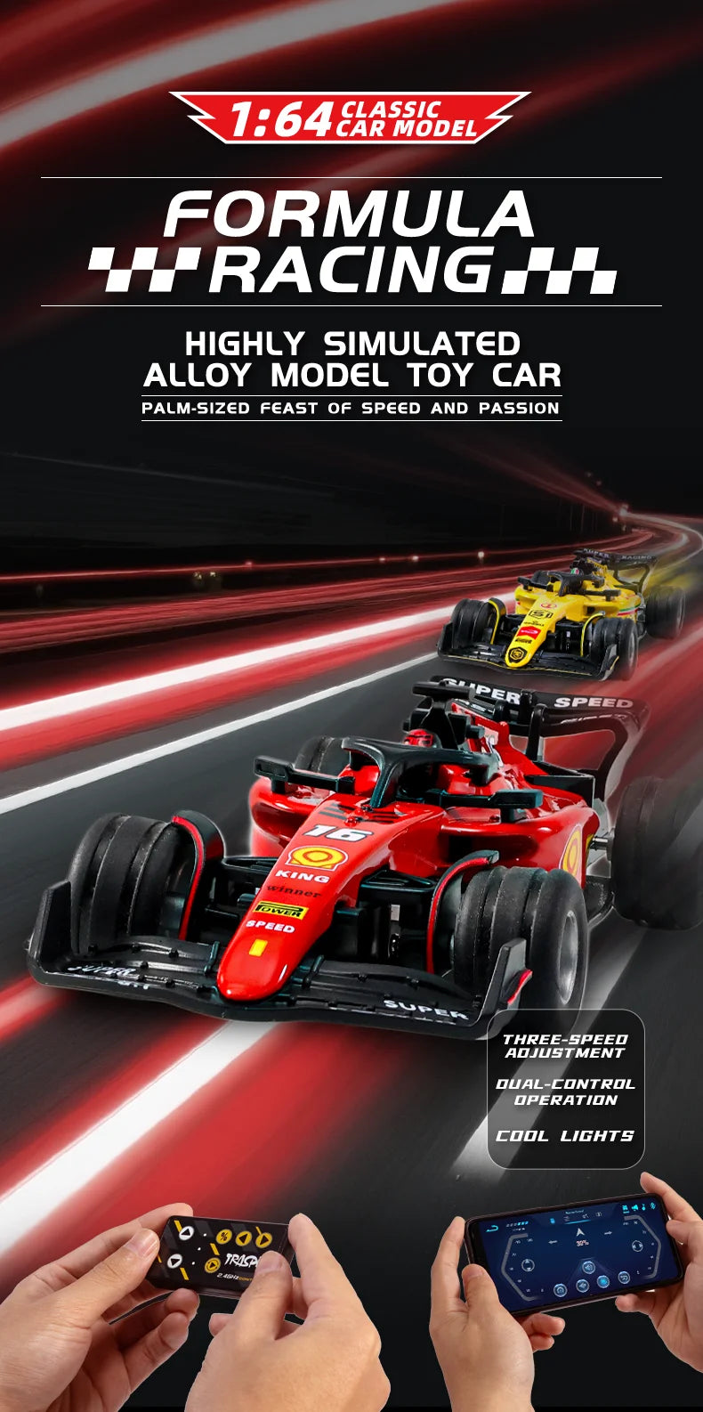 A red Formula racing model toy car is shown in a close-up, being operated by hands, with a remote control unit visible.