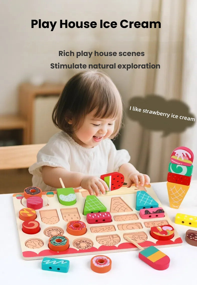 A child plays with a wooden ice cream set featuring various flavors and shapes for natural exploration.