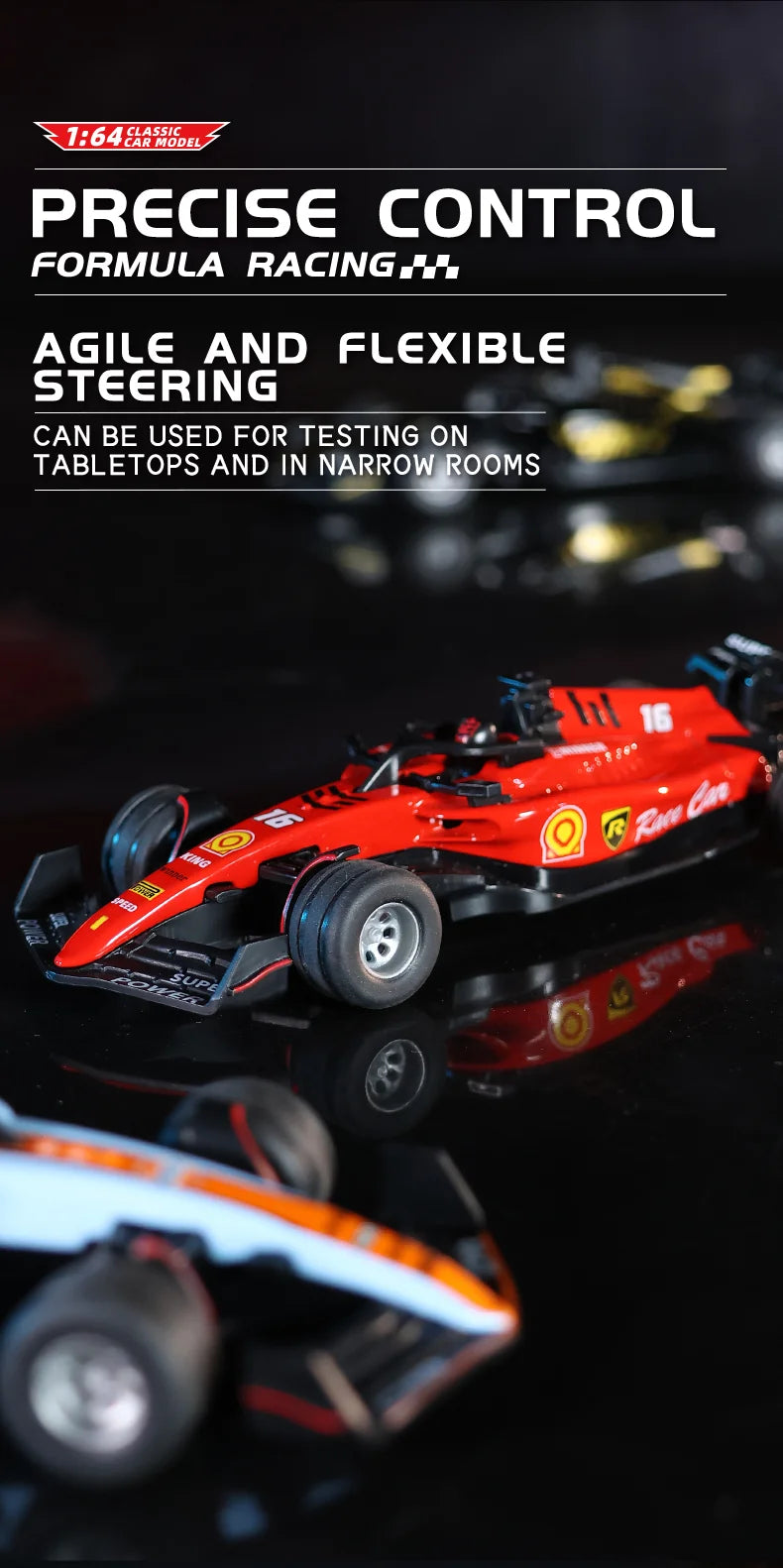 A red and black 1:64 scale formula racing RC car is shown with wheels, demonstrating precise control.