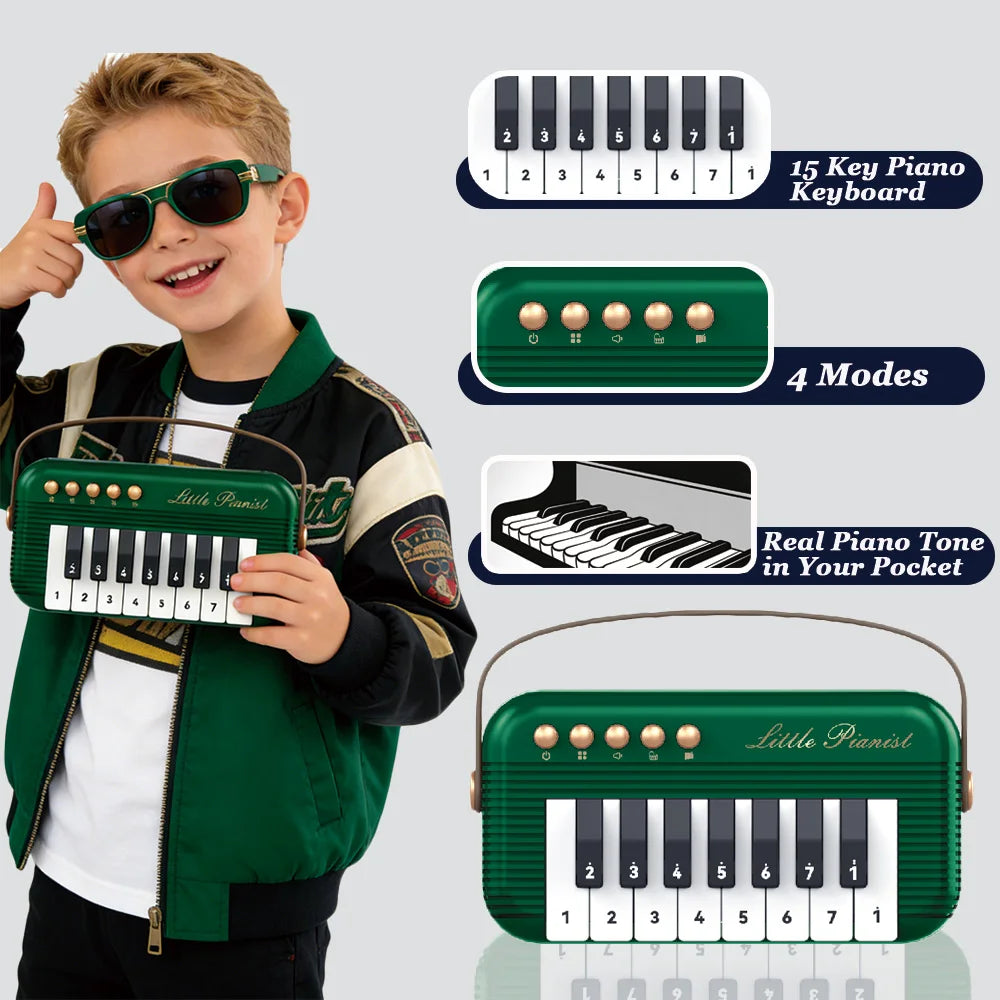 A smiling boy holds a portable mini piano keyboard toy in his hand.