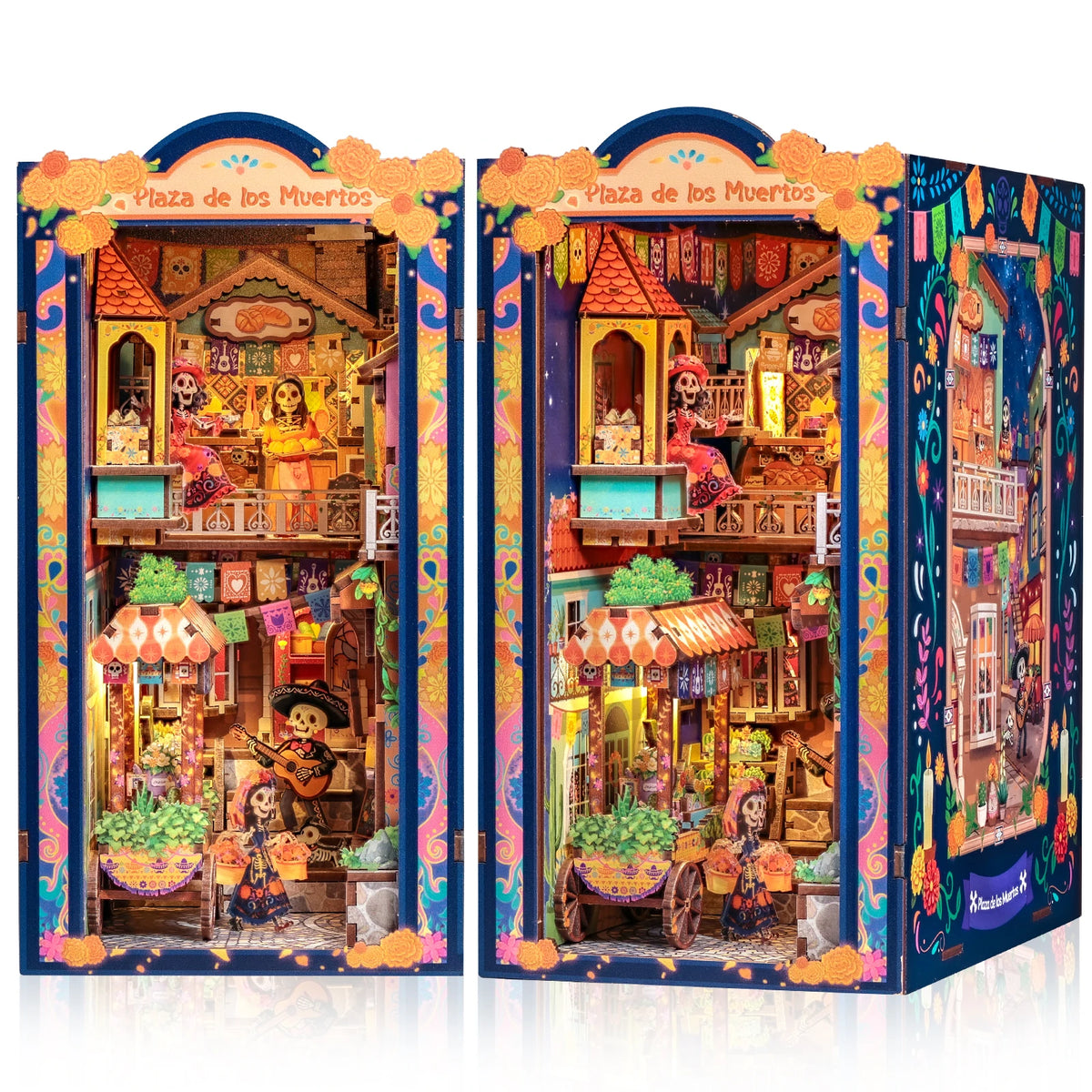 A colorful 3D wooden book nook kit featuring a detailed diorama of a plaza de los muertos with LED lighting.