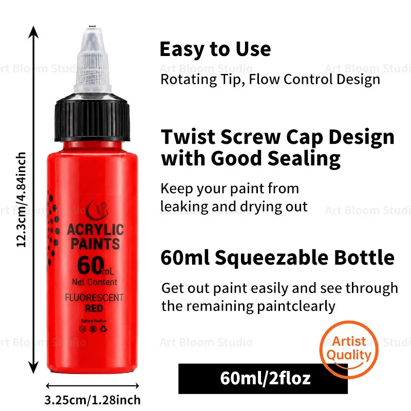 A red bottle of acrylic paint with a rotating tip and twist screw cap for easy use